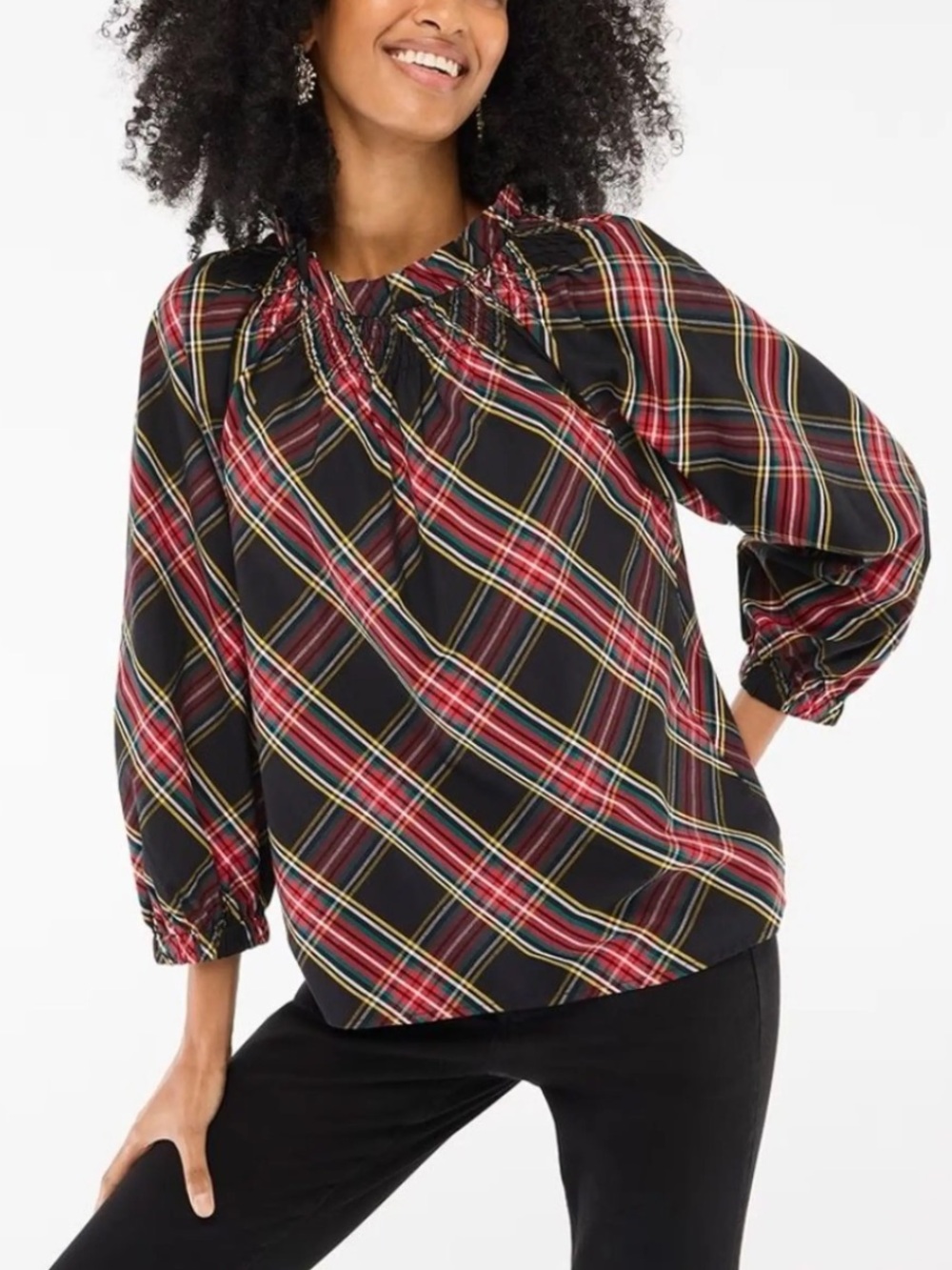 J. Crew Factory Tartan Plaid Smocked Neck Blouse Top - L